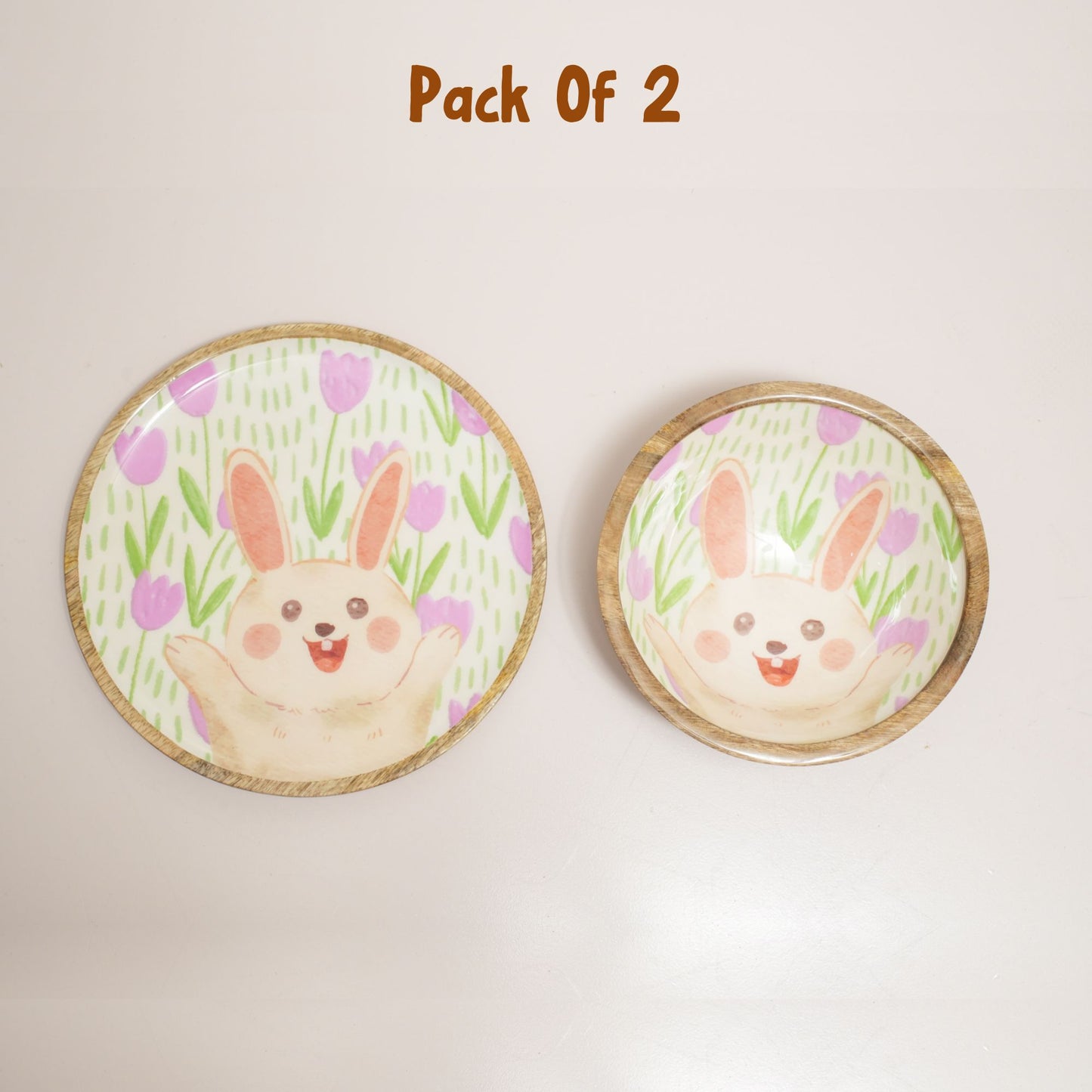 Happy Bunny Floral Wood Plate & Bowl Set – Handcrafted Pastel Easter Kids Dinnerware | Look Mumma