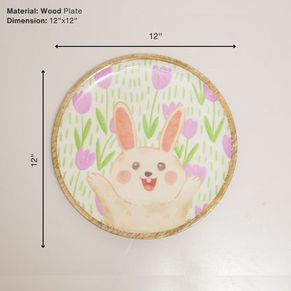 Happy Bunny Floral Wood Plate– Handcrafted Pastel Easter Kids Dinnerware | Look Mumma