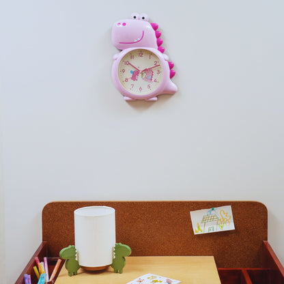 Pink Dino Buddy Wall Clock Bright Dinosaur Kids Room Hardware | Look Mumma