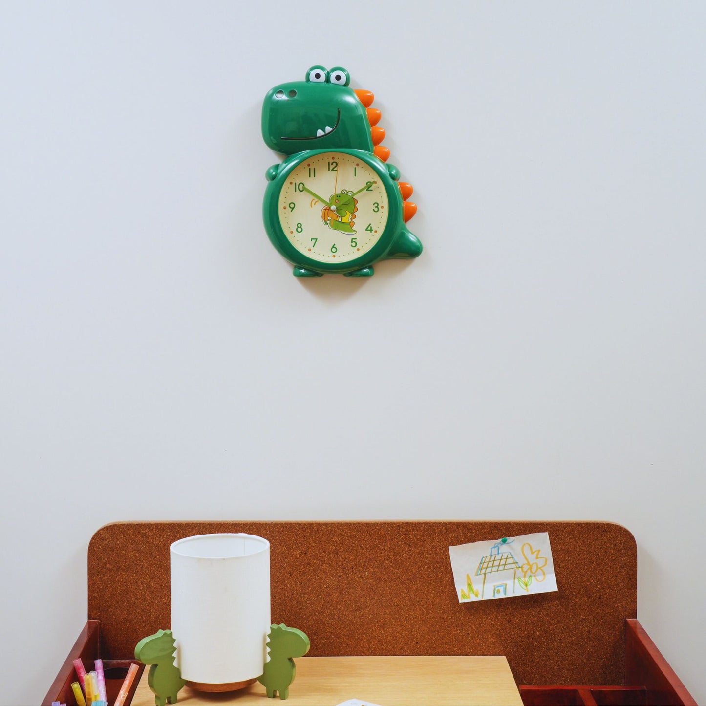Darker forest Green Dino Buddy Wall Clock Bright Dinosaur Kids Room Hardware | Look Mumma