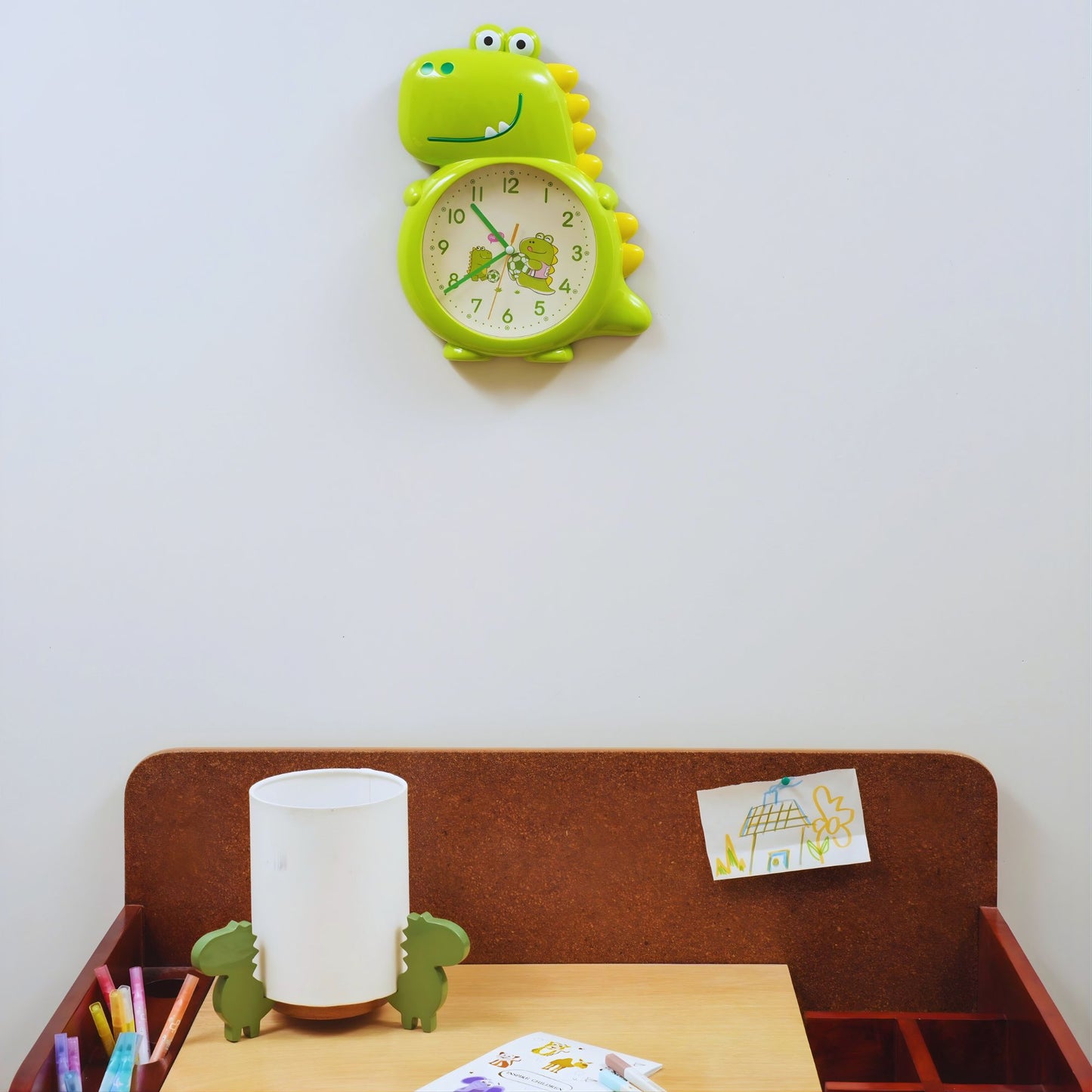 Lime Green Dino Buddy Wall Clock Bright Dinosaur Kids Room Hardware | Look Mumma