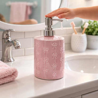 Ribbon Soap Dispenser | Elegant Pink Bathroom Accessory | Look Mumma
