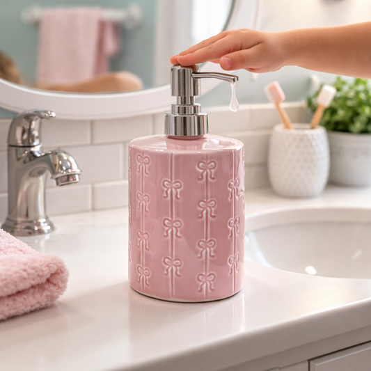 Ribbon Soap Dispenser | Elegant Pink Bathroom Accessory | Look Mumma