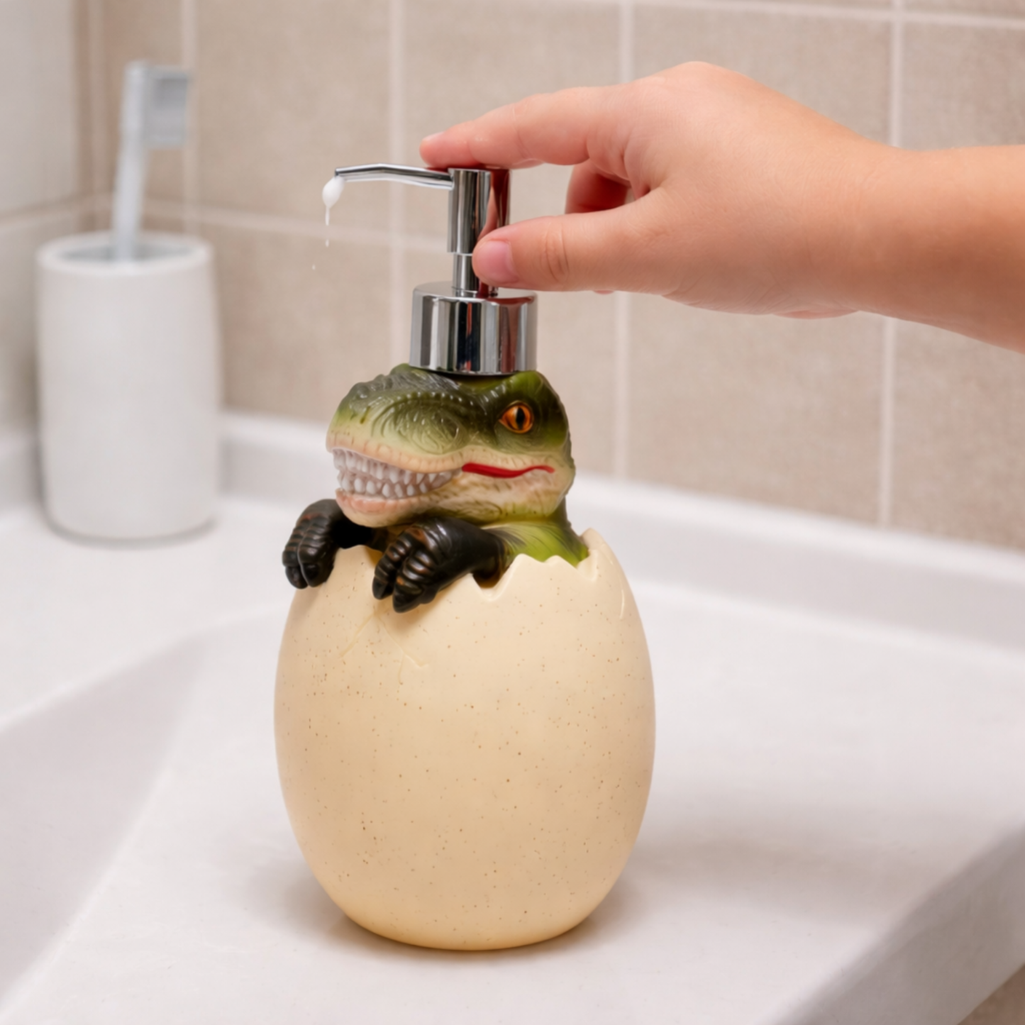 Green Dino Egg Soap Dispenser – Handcrafted Polyresin Bathroom Accessory | Look Mumma