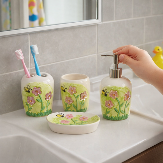 Green Flower & Bee Ceramic Bathroom Set | Look Mumma