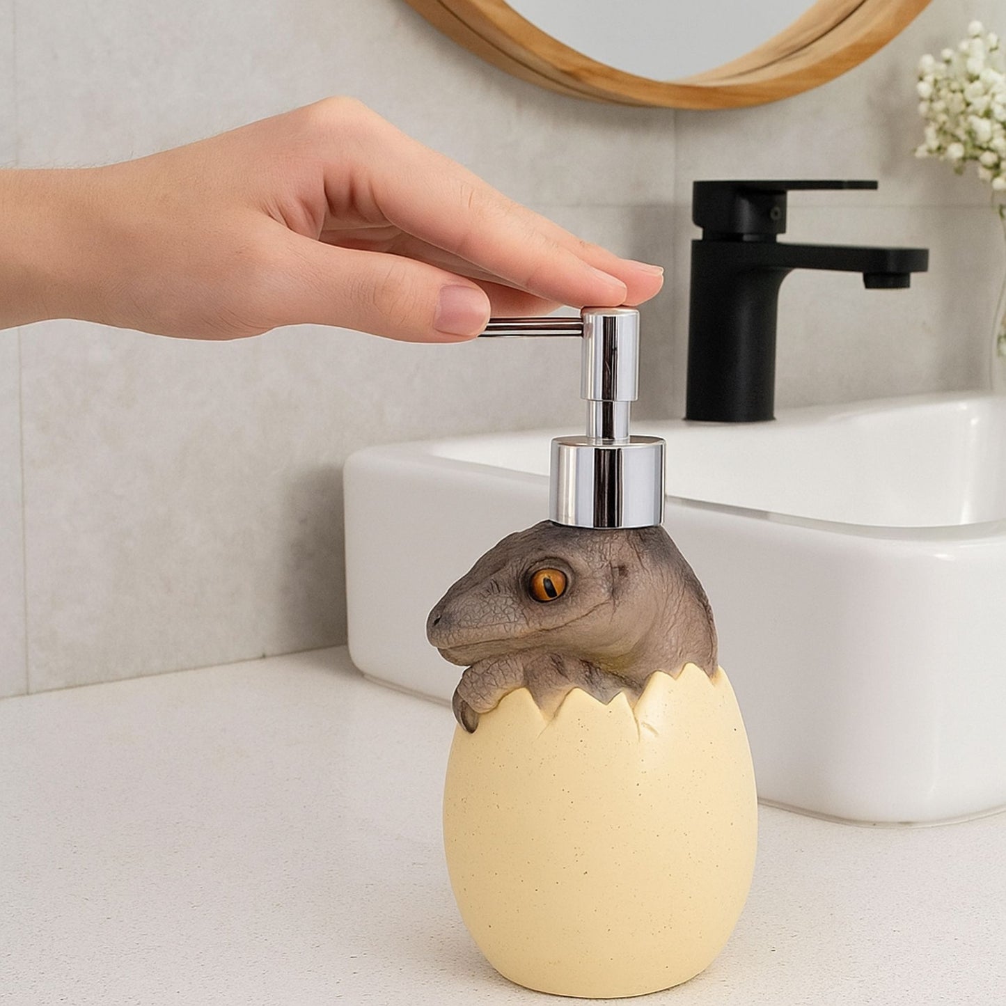 Grey Dino Egg Soap Dispenser – Handcrafted Polyresin Bathroom Accessory | Look Mumma