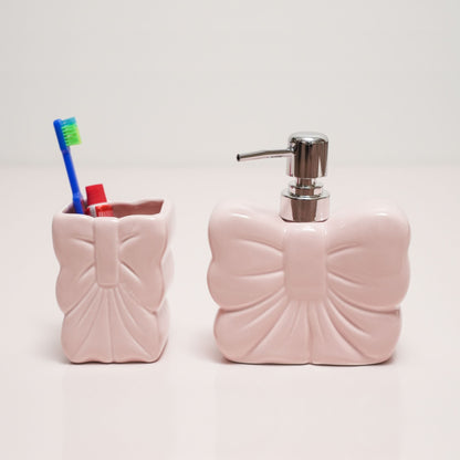 Bow Soap Dispenser with Toothbrush Holder – Handcrafted Bathroom Set | Look Mumma