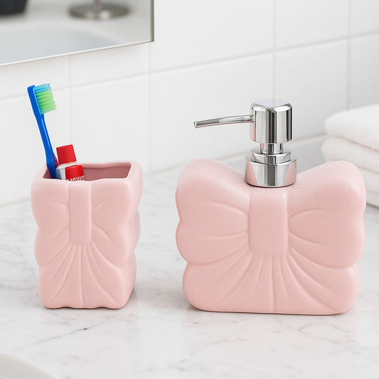 Bow Soap Dispenser with Toothbrush Holder – Handcrafted Bathroom Set | Look Mumma