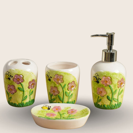 Green Flower & Bee Ceramic Bathroom Set | Look Mumma