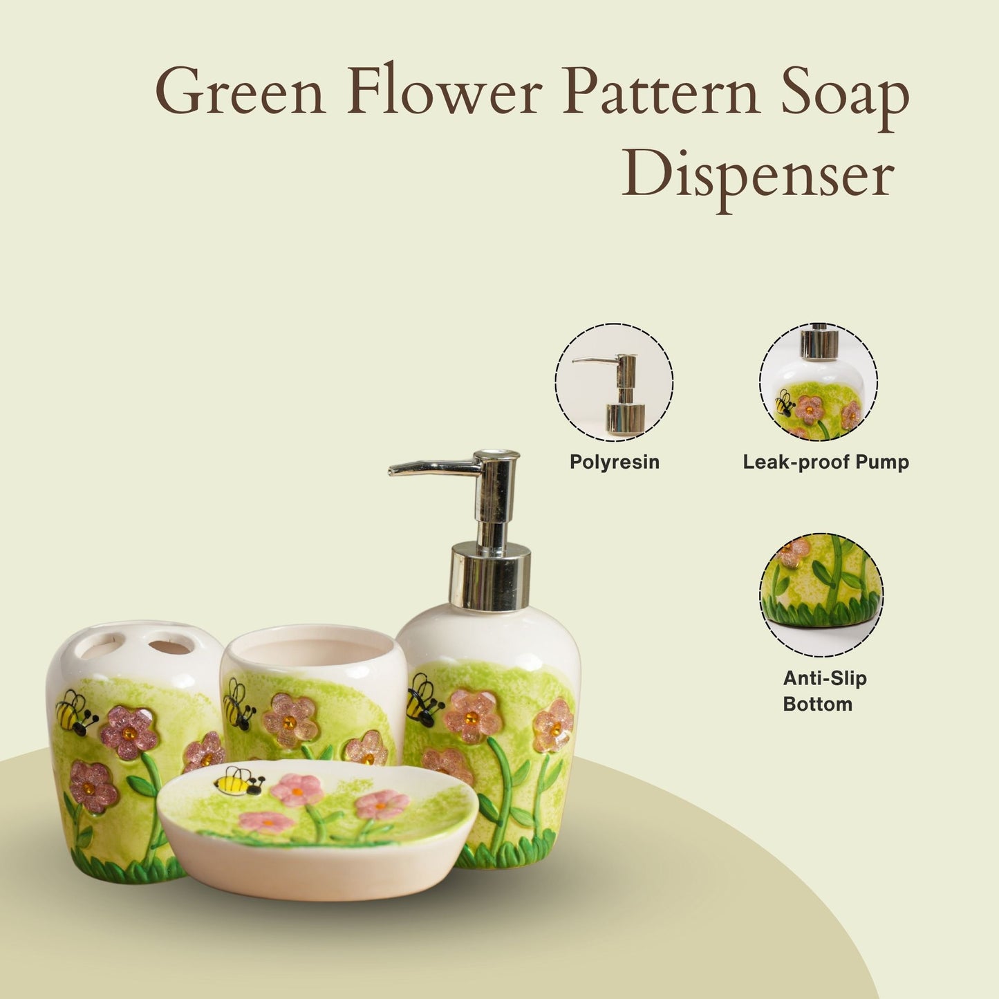 Green Flower & Bee Ceramic Bathroom Set | Look Mumma