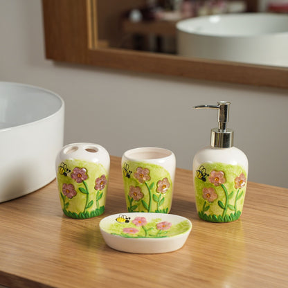 Green Flower & Bee Ceramic Bathroom Set | Look Mumma