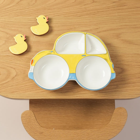 Yellow Speedy Car Ceramic Plate – Handcrafted Race Car Kids Dinnerware | Look Mumma