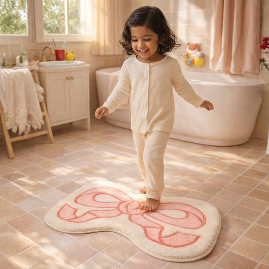 Pretty Bow Ribbon Abstract Floor Mat / Rug – Pastel Pink Kids Room Decor | Look Mumma