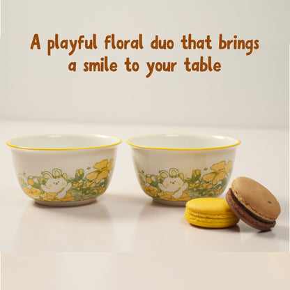 Set of 2 Bunny Floral Ceramic Snack Bowl / Dessert Dish – Handcrafted Lovely Kids Tableware| Look Mumma