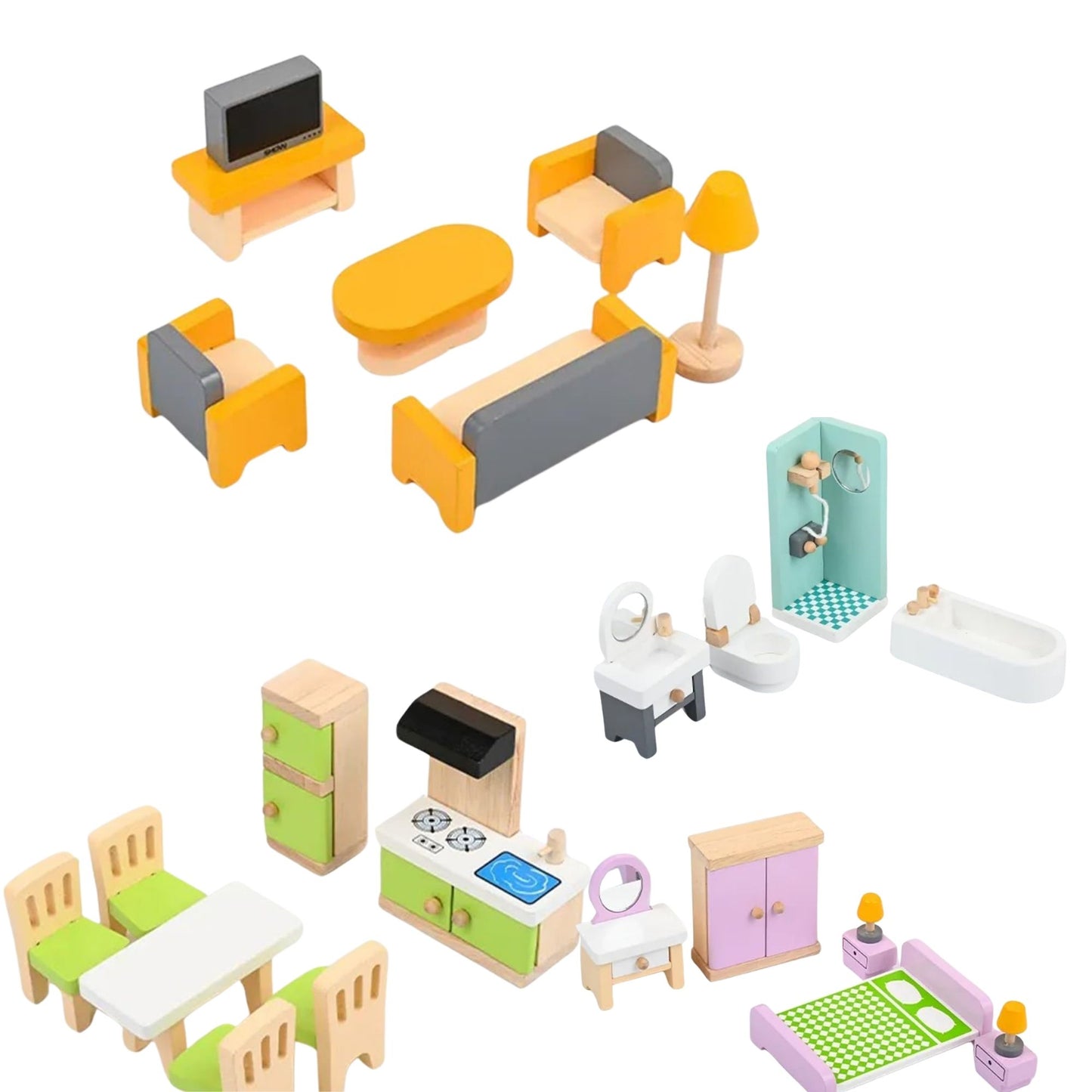 Wooden Dollhouse with Furniture | Look Mumma