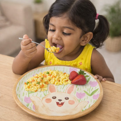 Happy Bunny Floral Wood Plate– Handcrafted Pastel Easter Kids Dinnerware | Look Mumma