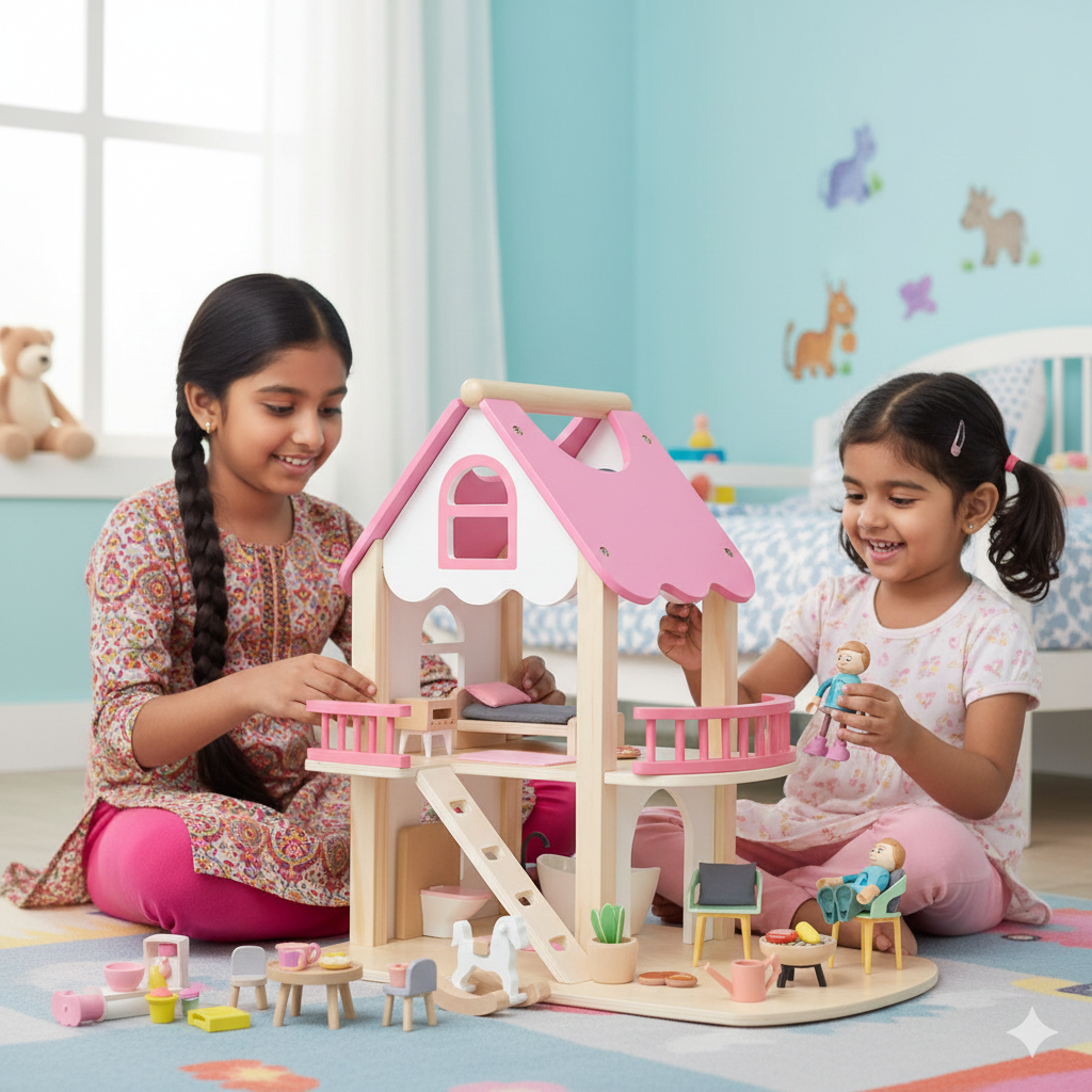 Wooden Two-Story Cottage Dollhouse | Look Mumma