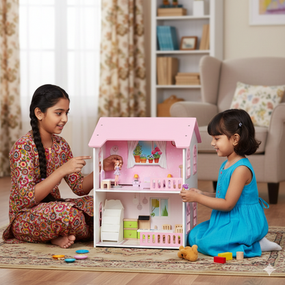 Wooden Dollhouse with Furniture | Look Mumma