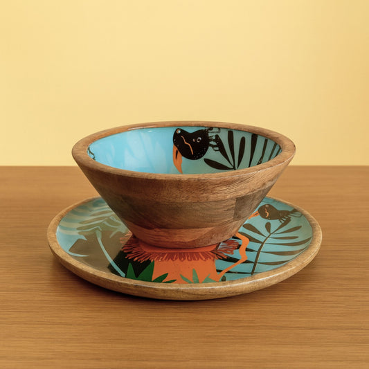 Sleepy Lion Jungle Wood Plate & Bowl Set – Handcrafted Safari Kids Dinnerware | Look Mumma