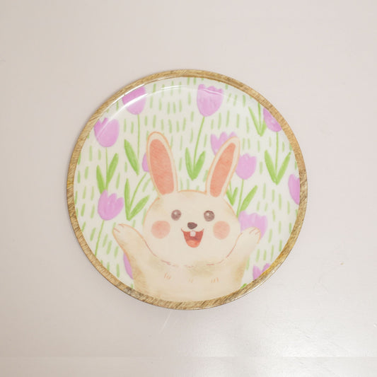 Happy Bunny Floral Wood Plate– Handcrafted Pastel Easter Kids Dinnerware | Look Mumma